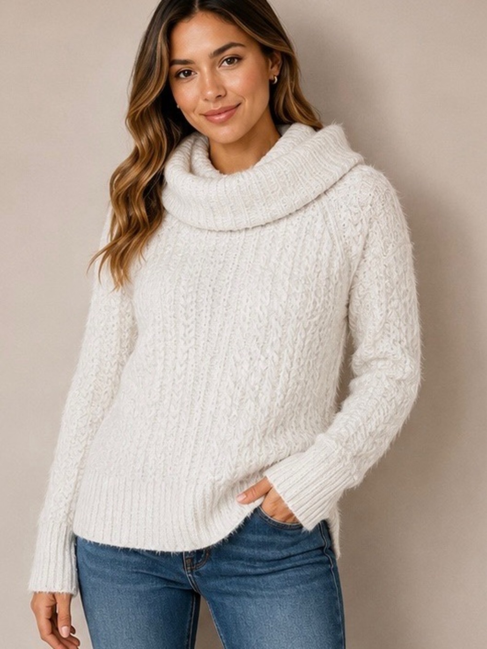 Christian Siriano Cream Cable Knit Cowl Sweater